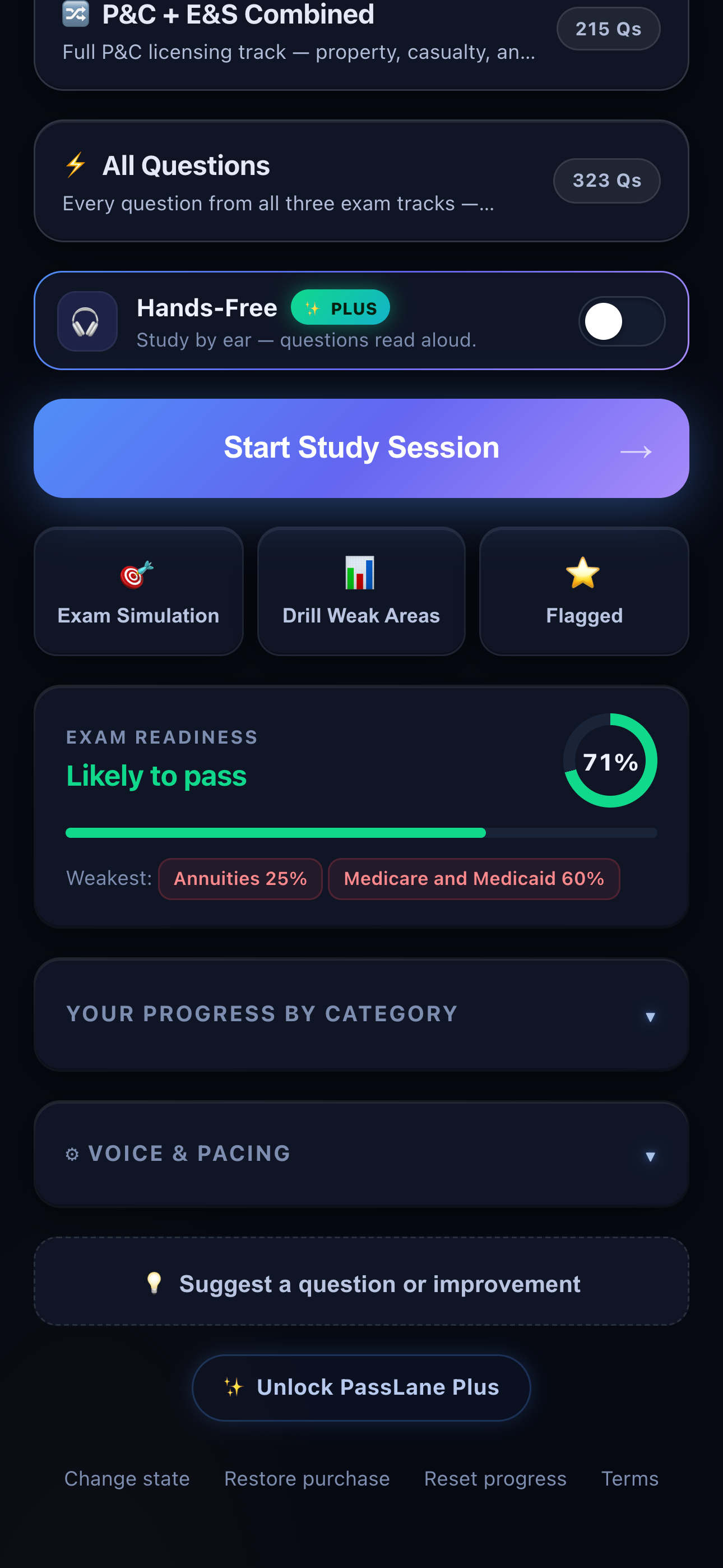 A real readiness score shown against the 70% pass line