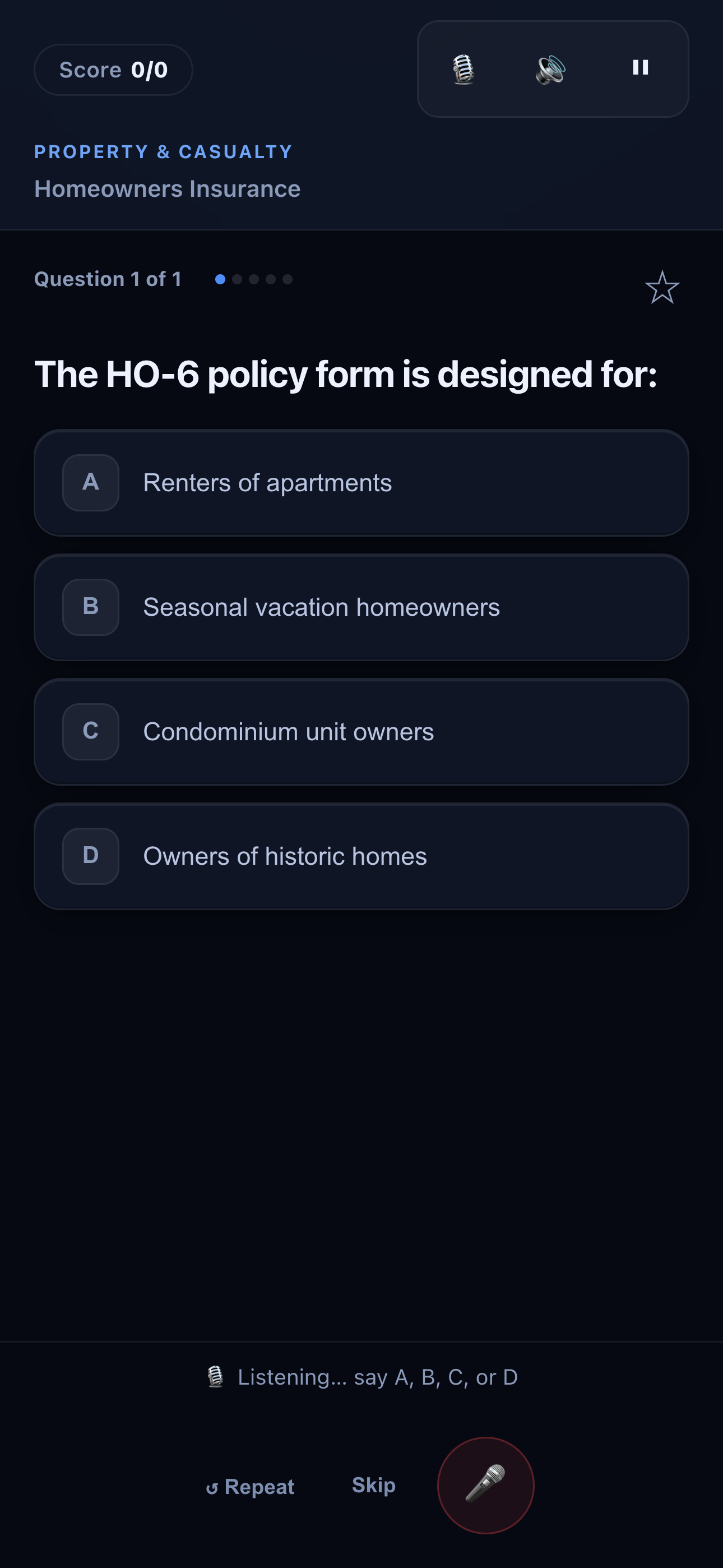 PassLane reading a question aloud and listening for your spoken answer — say A, B, C, or D